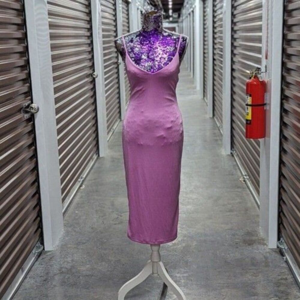 Charmed Hearts Y2K Sexy Shimmery Purple‎ Spaghetti Strap Midi Dress Back Cut Out
